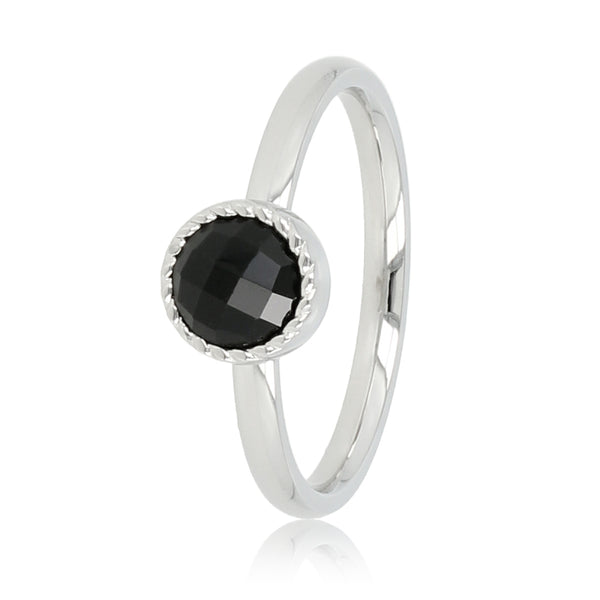 Zilveren ring - Zwarte glassteen - Twisted randje