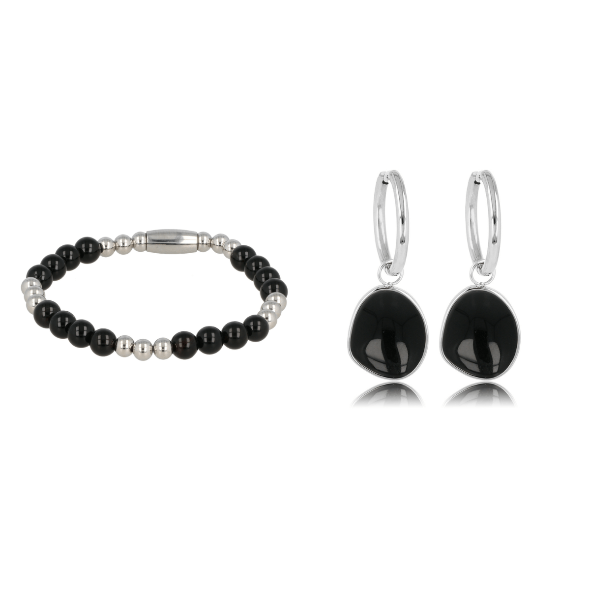Onyx Elegantie: Zilveren Armband & Oorbellen Set - My Bendel