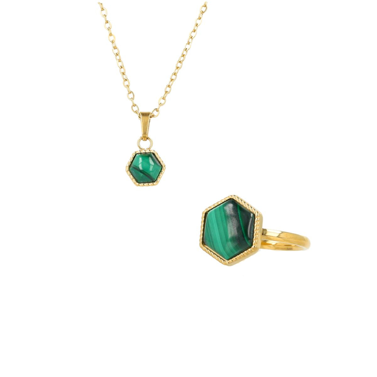 Set Gold mit Malachit-Edelstein – Ring und Kette