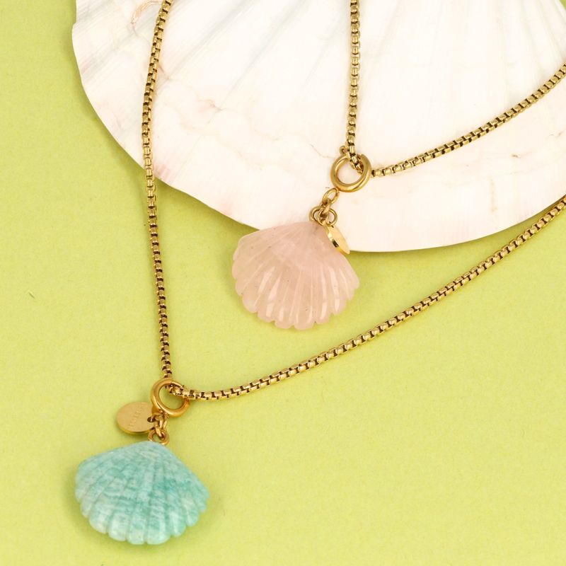 Golden Box necklace with Rose Quartz Shell - Summer Necklace