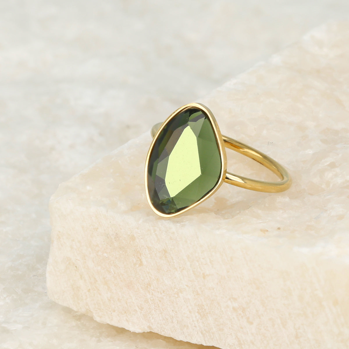 Golden extension ring - green glass stone - original design