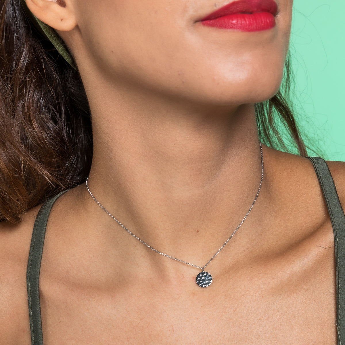 Silver Necklace with Round Pendant - Adjustable, Colorfast