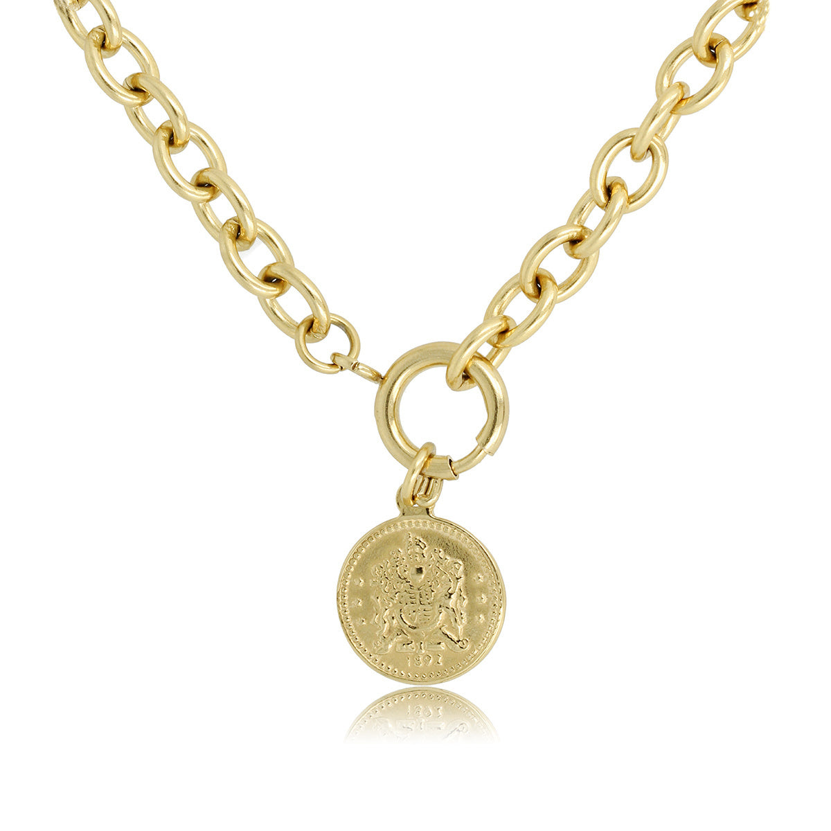 Gold chain with large links and coin pendant