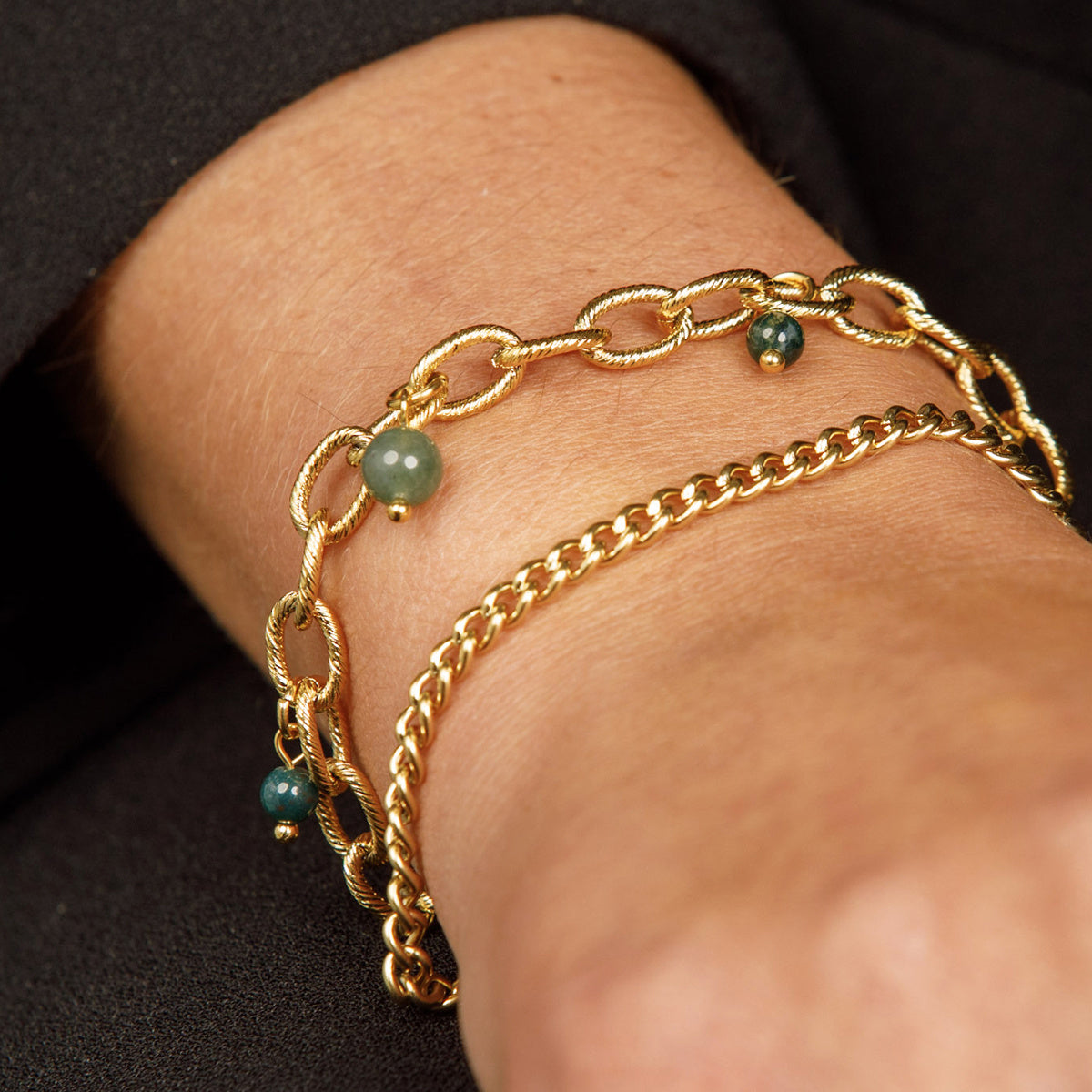 Gouden Schakelarmband met Moss Agate kralen