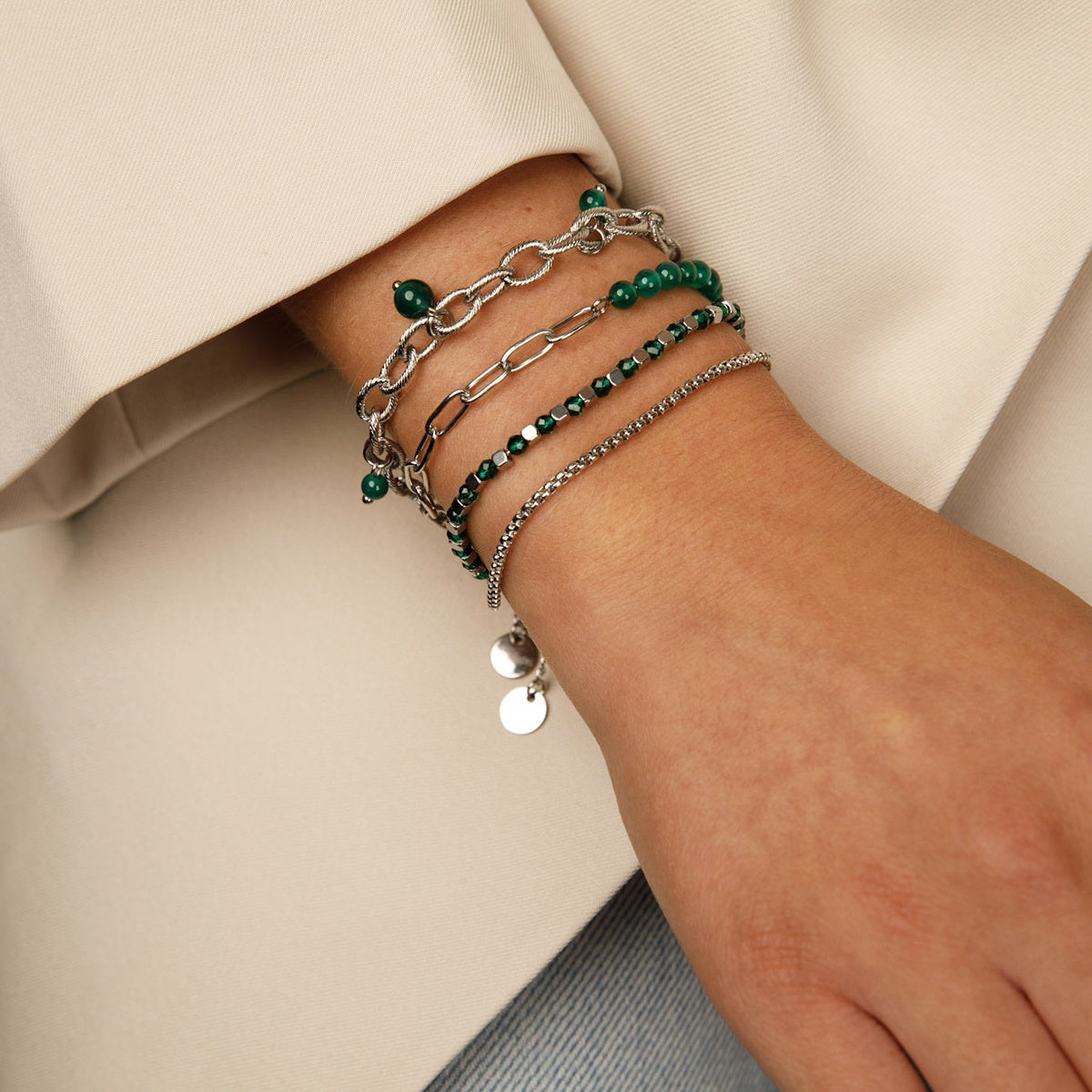 Zilveren Schakelarmband met Green Agate Edelstenen