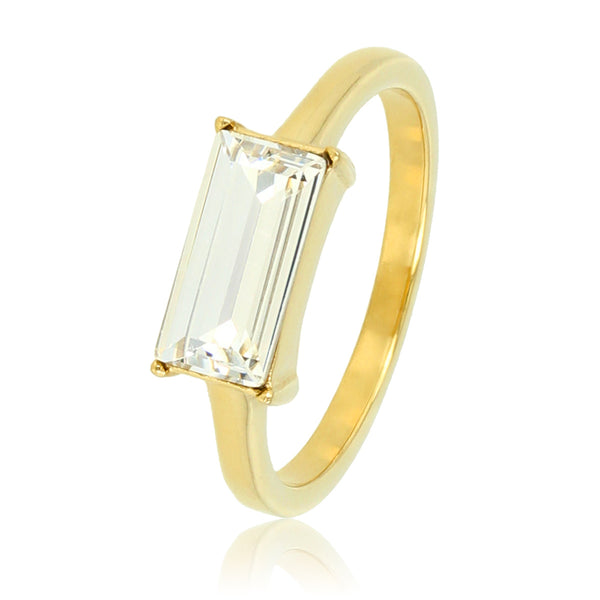 Goudkleurige edelstalen ring - witte kristal steen