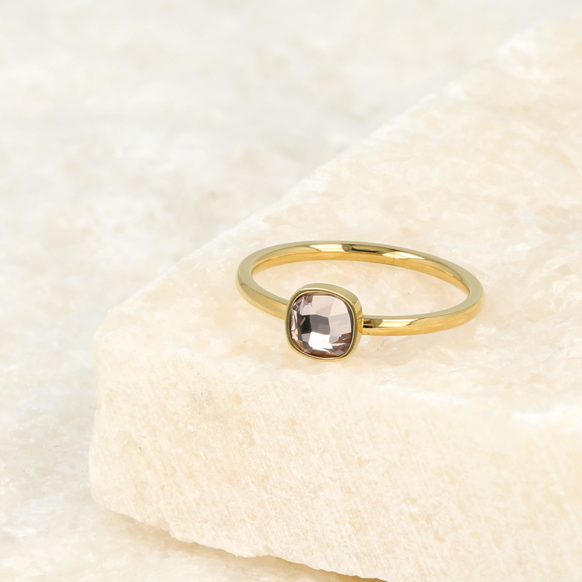 Gold stacking ring - pink glass stone - Stainless steel