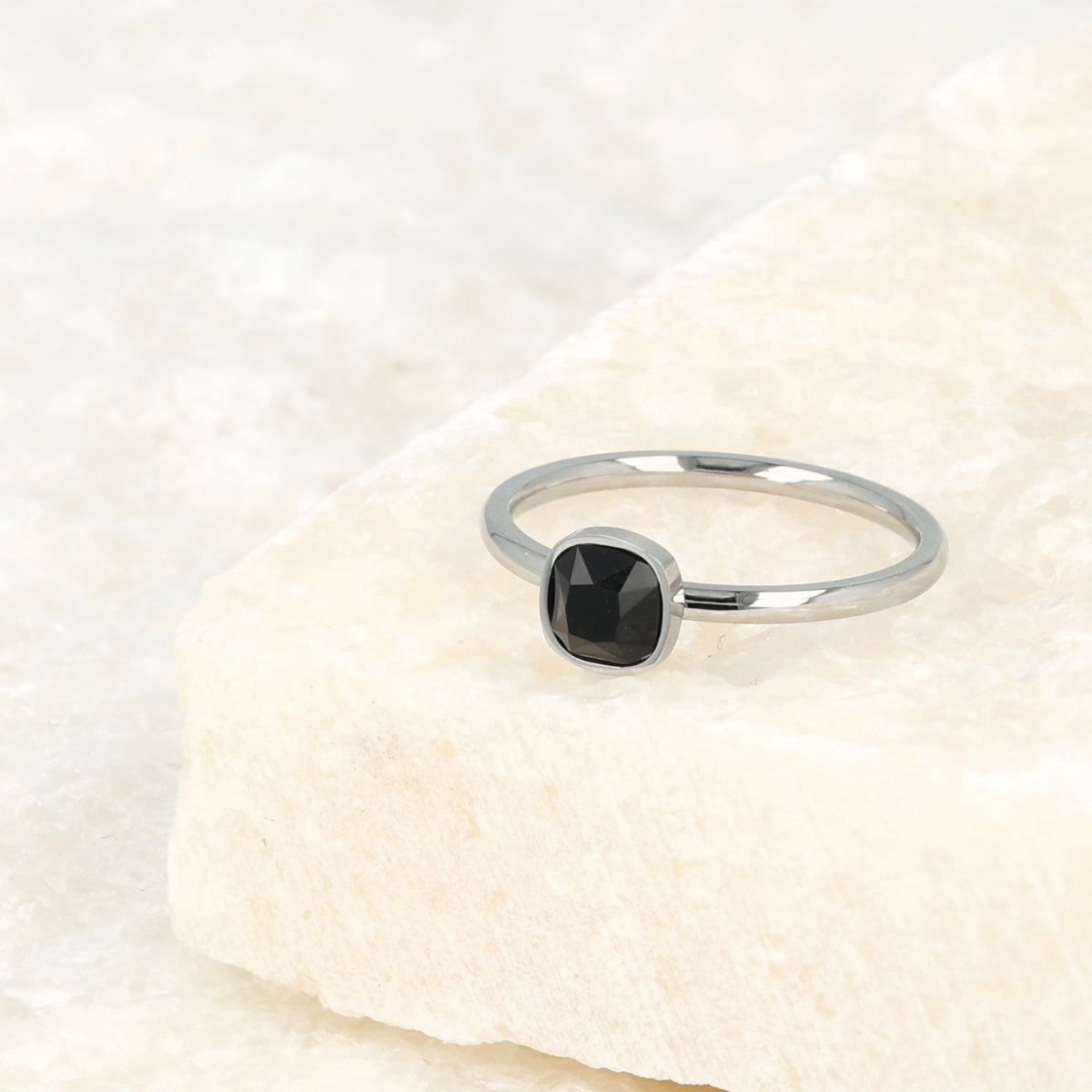 Silver stacking ring - black glass stone - minimalist