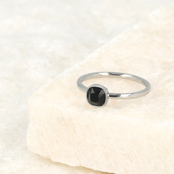 Silver stacking ring - black glass stone - minimalist