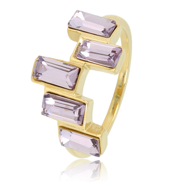 Designring goud - 5 aubergine kristalstenen - Stainless steel