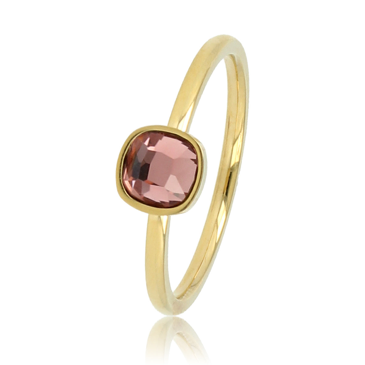 Gold ring - square dark pink glass stone - adjustable