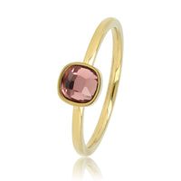 Gold ring - square dark pink glass stone - adjustable