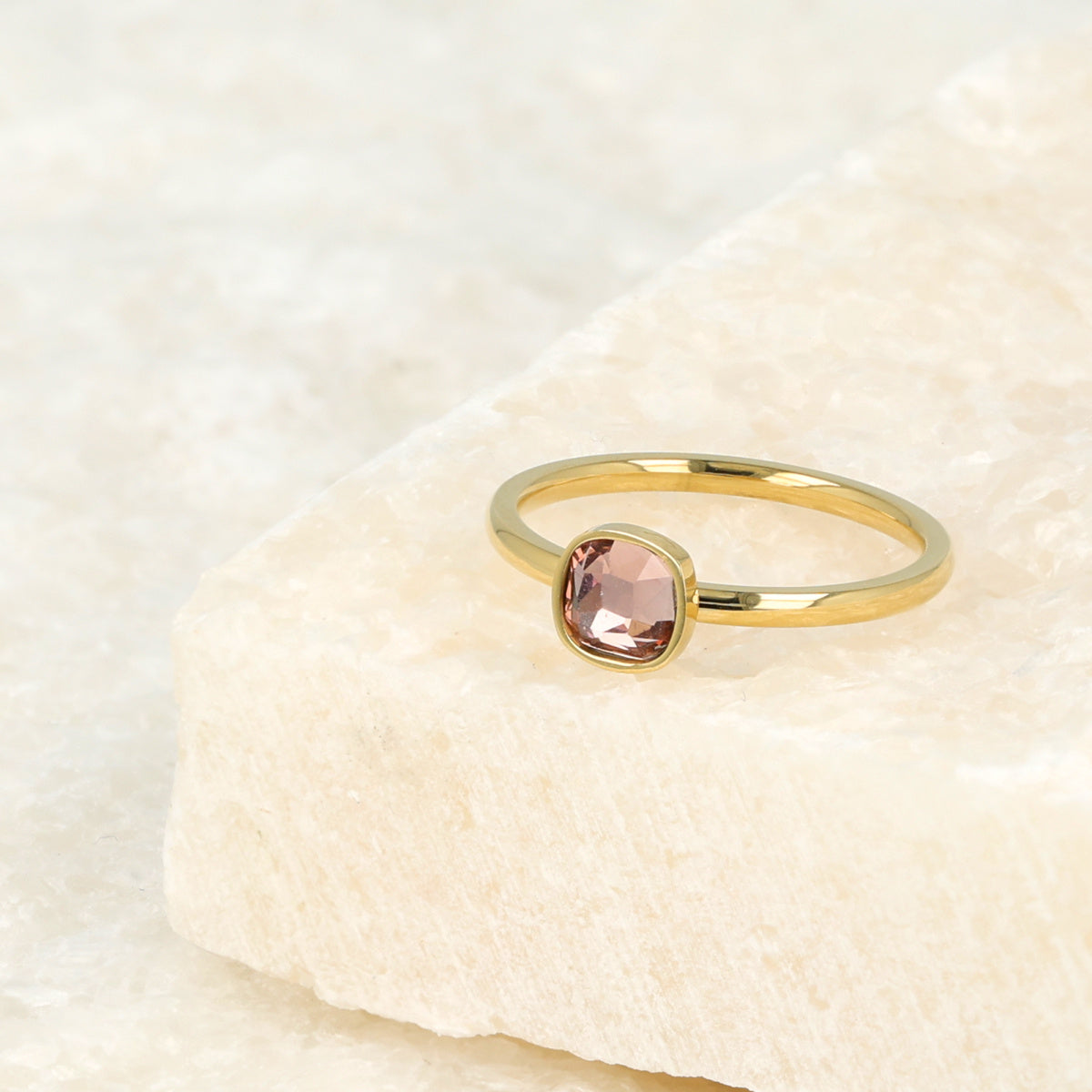 Gold ring - square dark pink glass stone - adjustable