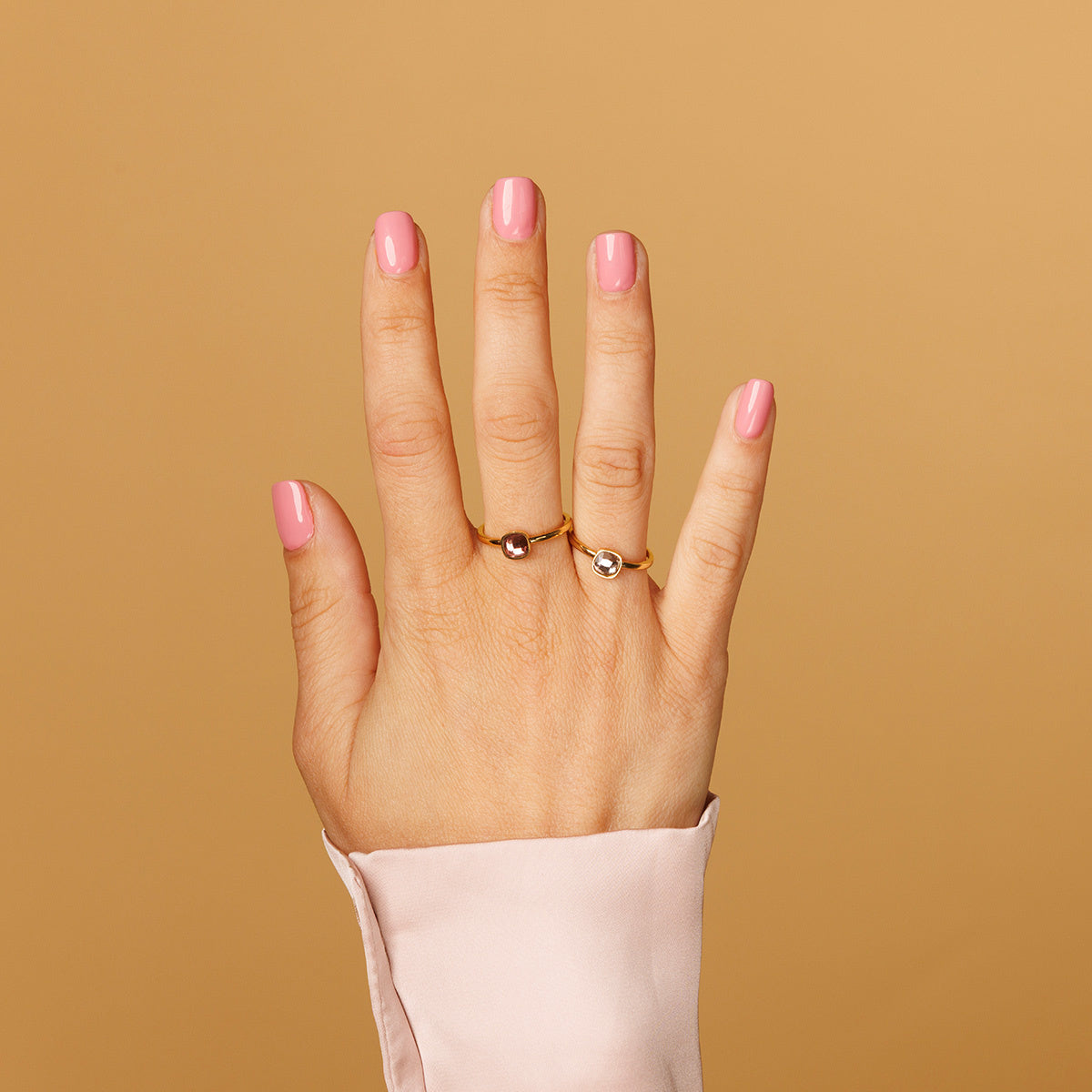 Gold stacking ring - pink glass stone - Stainless steel