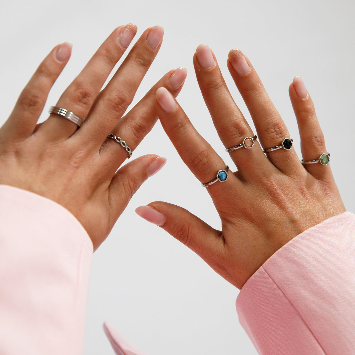 Silver ring - hexagon - dark pink glass stone