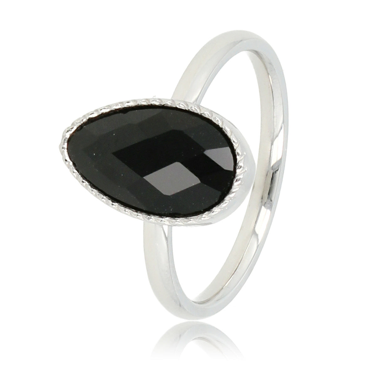 Ring met Druppel Glassteen & Getwist Randje • Zwart • Zilver