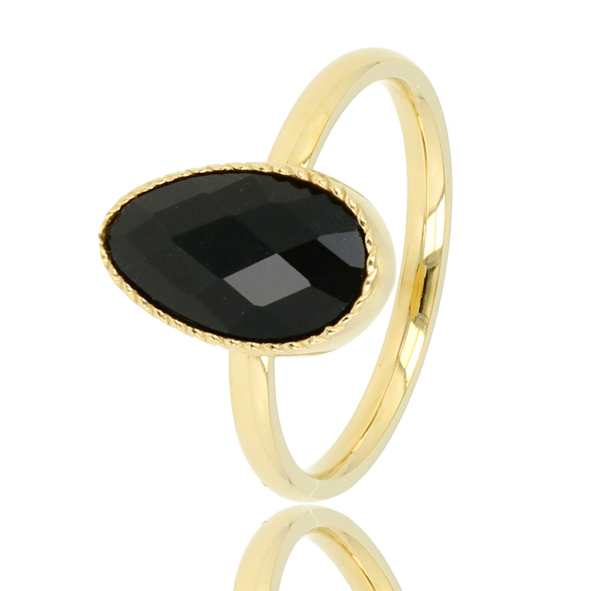 Ring met Druppel Glassteen & Getwist Randje • Zwart • Goud