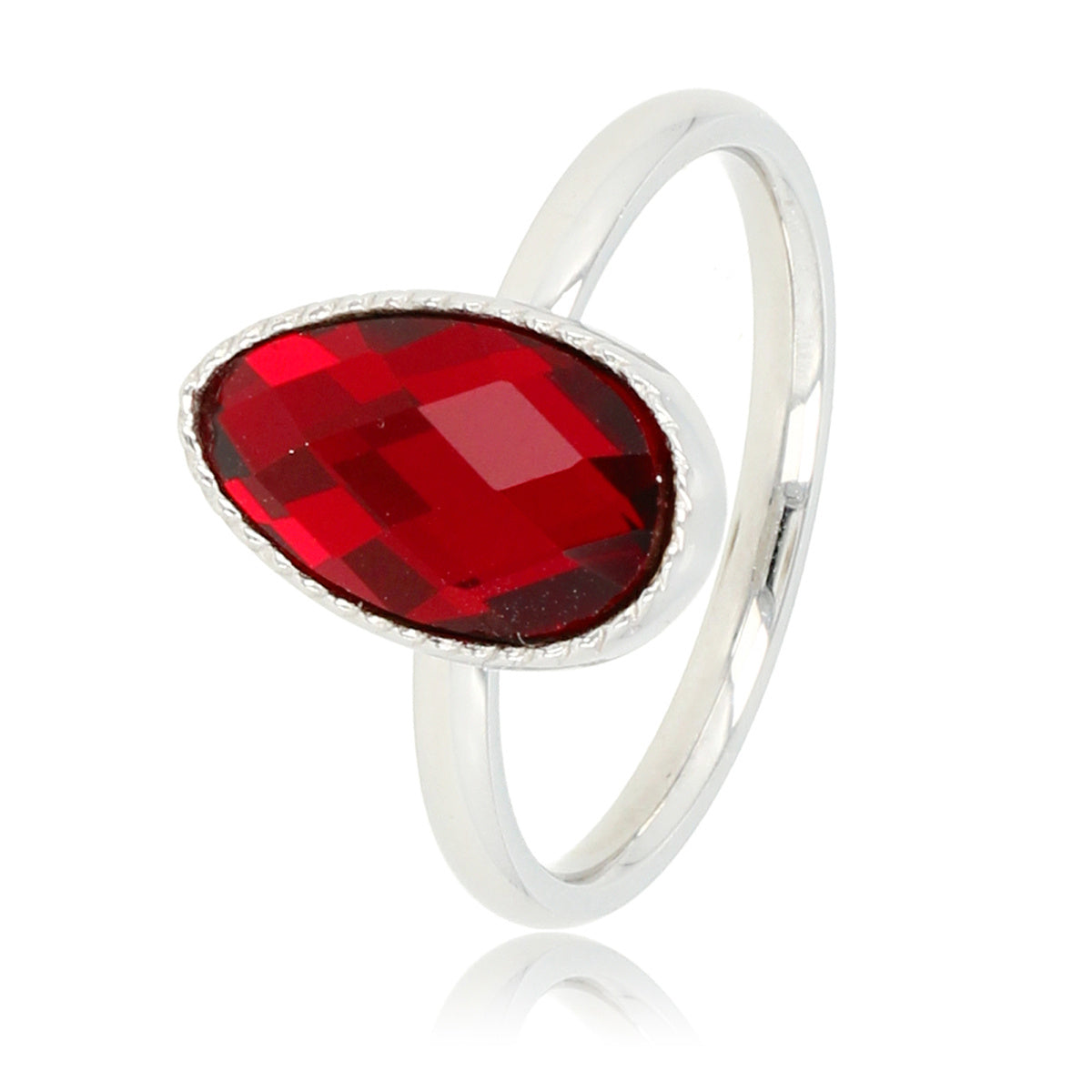 Ring mit Tropfen-Glasstein & gedrehtem Rand • Rot • Silber