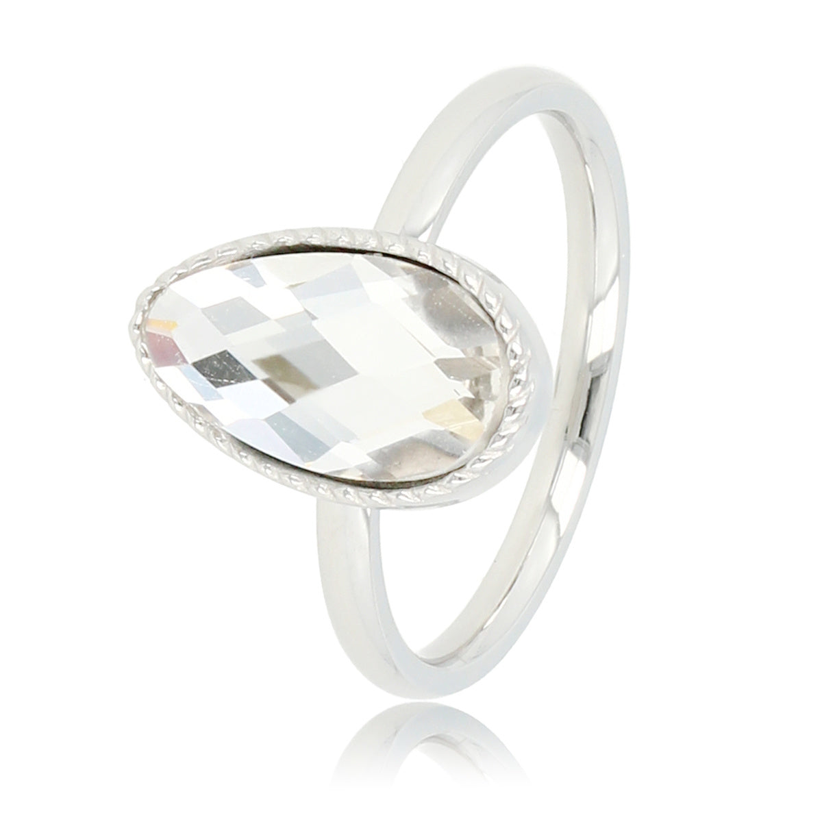 Silver ring - twisted edge - white crystal drop