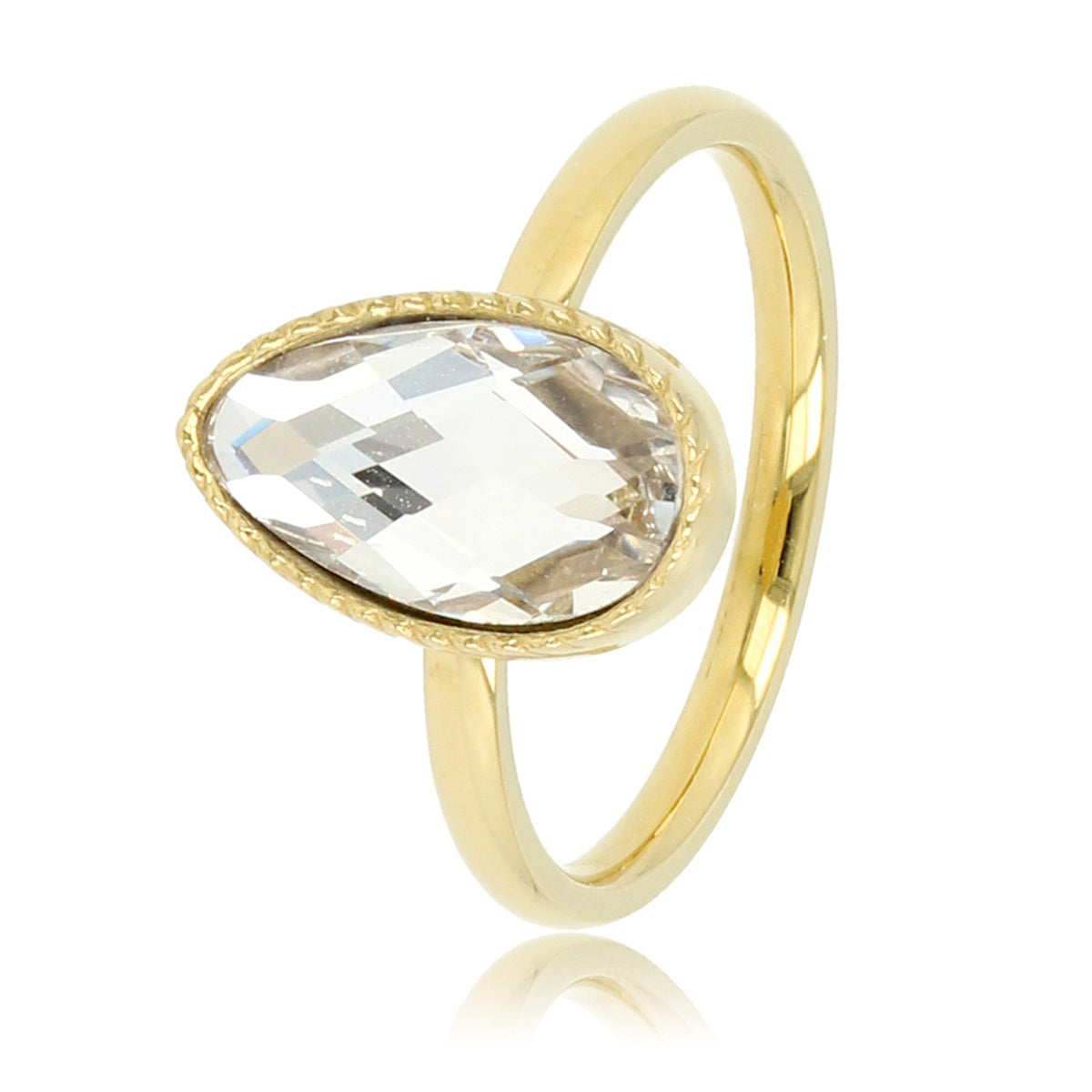 Ring met Druppel Glassteen & Getwist Randje • Kristal • Goud