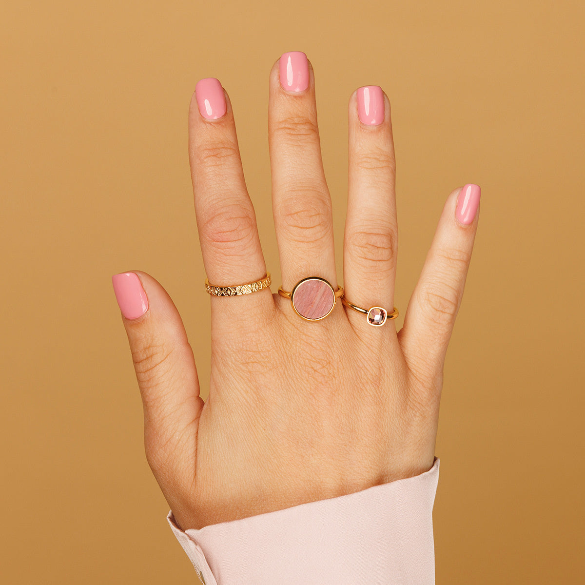 Gouden ring - Ronde roze Rhodonite edelsteen - Modern design