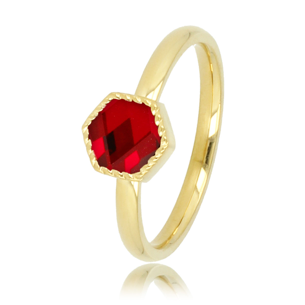 Goldener Ring - Sechseckiger dunkelroter Glasstein