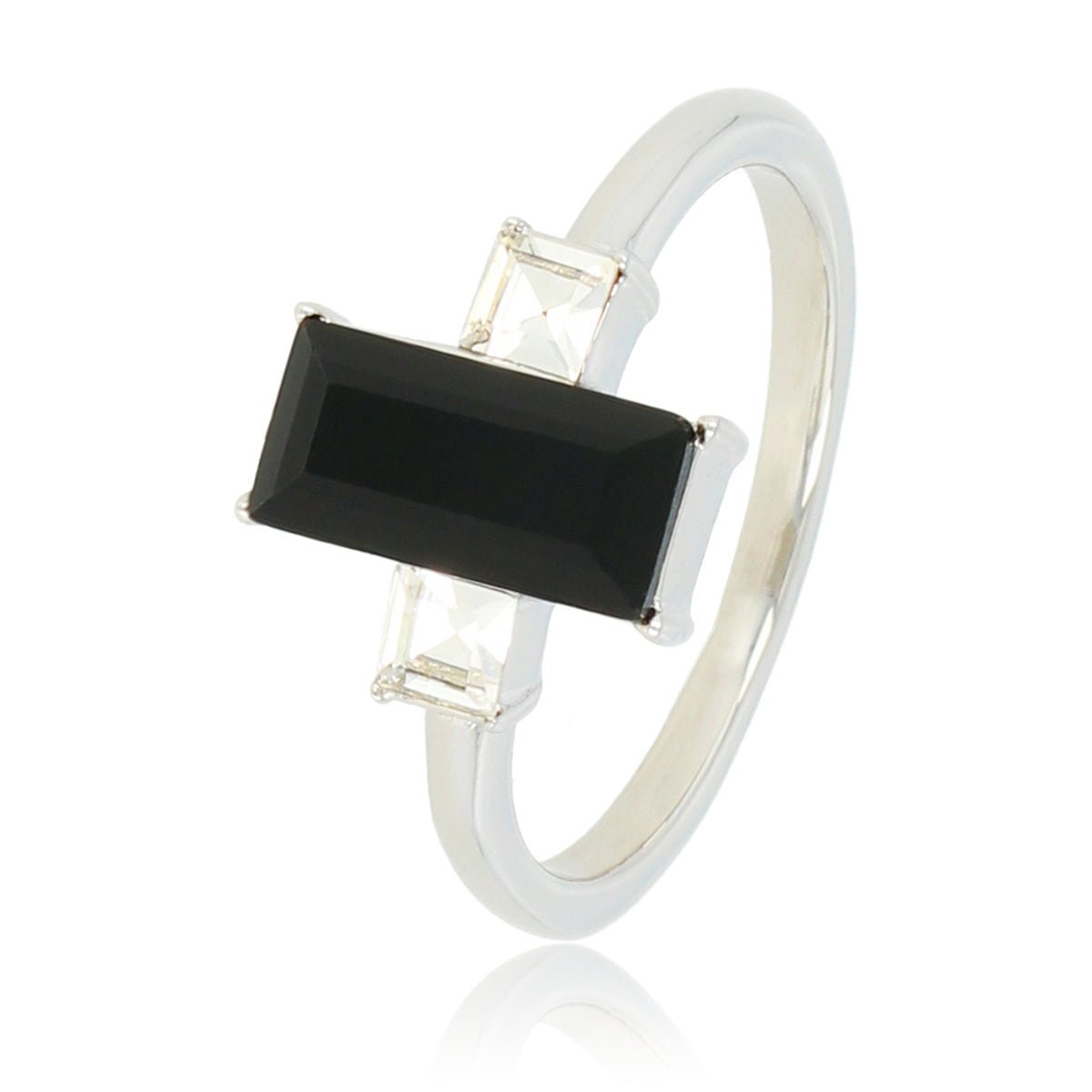 Ring zilver met zwarte steen - 2 kleine zirkonia's - My Bendel