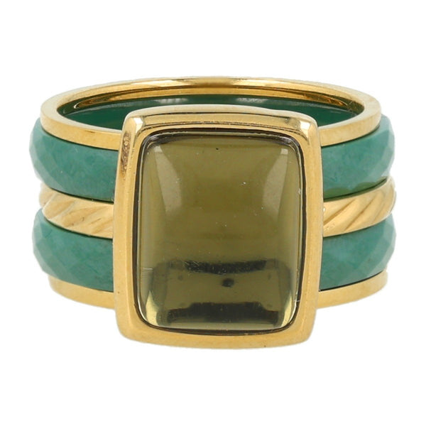 Gouden ringenset met keramiek en grote lichtgroene glassteen. Inclusief 2 groene keramiekringen. 1 jaar garantie.