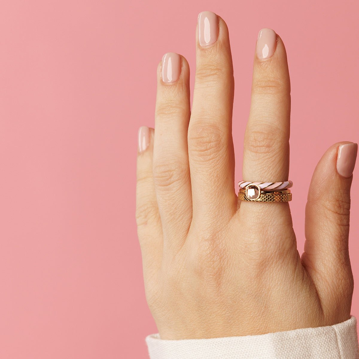 Ringenset - gestreepte epoxy - roze glassteen - slangenprint - My Bendel