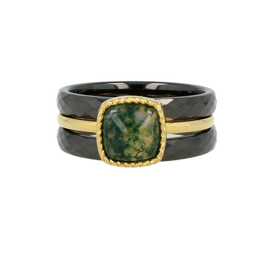 Ringenset met Moss Agate - Goudkleurig en zwart keramiek - My Bendel