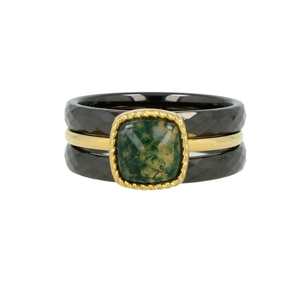 Ringenset met Moss Agate - Goudkleurig en zwart keramiek - My Bendel