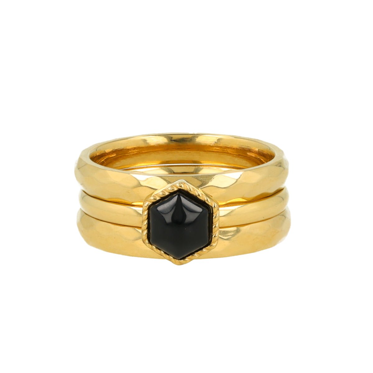 Goldenes Ring-Set mit schwarzem Glasstein