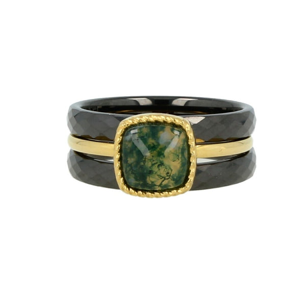 Ringenset met Moss Agate - Goudkleurig en zwart keramiek