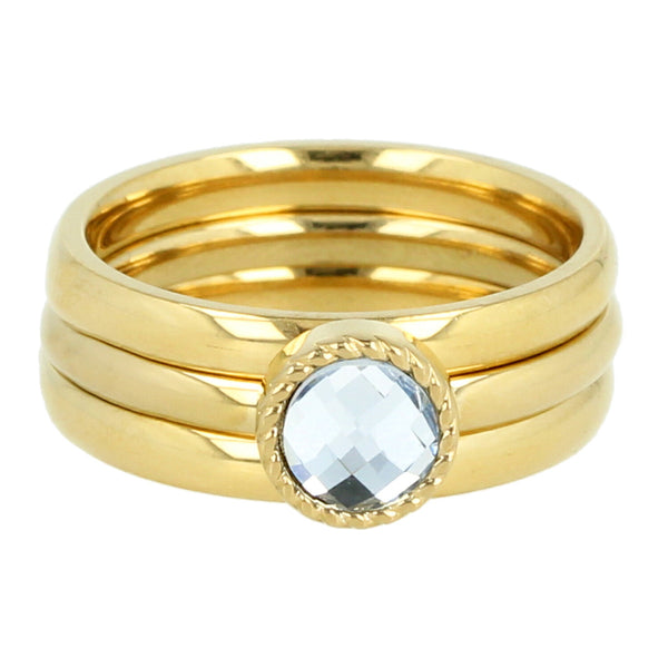 Gouden ringenset - 2 gladde ringen - 1 met kristal glassteen