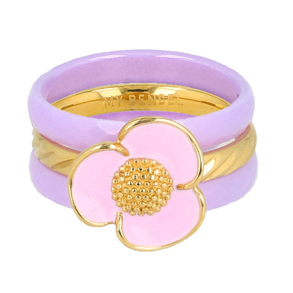Lila keramieken ringen set: gouden ring met Epoxy bloem, 2 geslepen ringen. Stijlvol en uniek. 1 jaar garantie.
