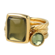 Gouden ringenset met lichtgroene glasstenen: aanschuifring, zeshoekige en vierkante steen. 1 jaar garantie.