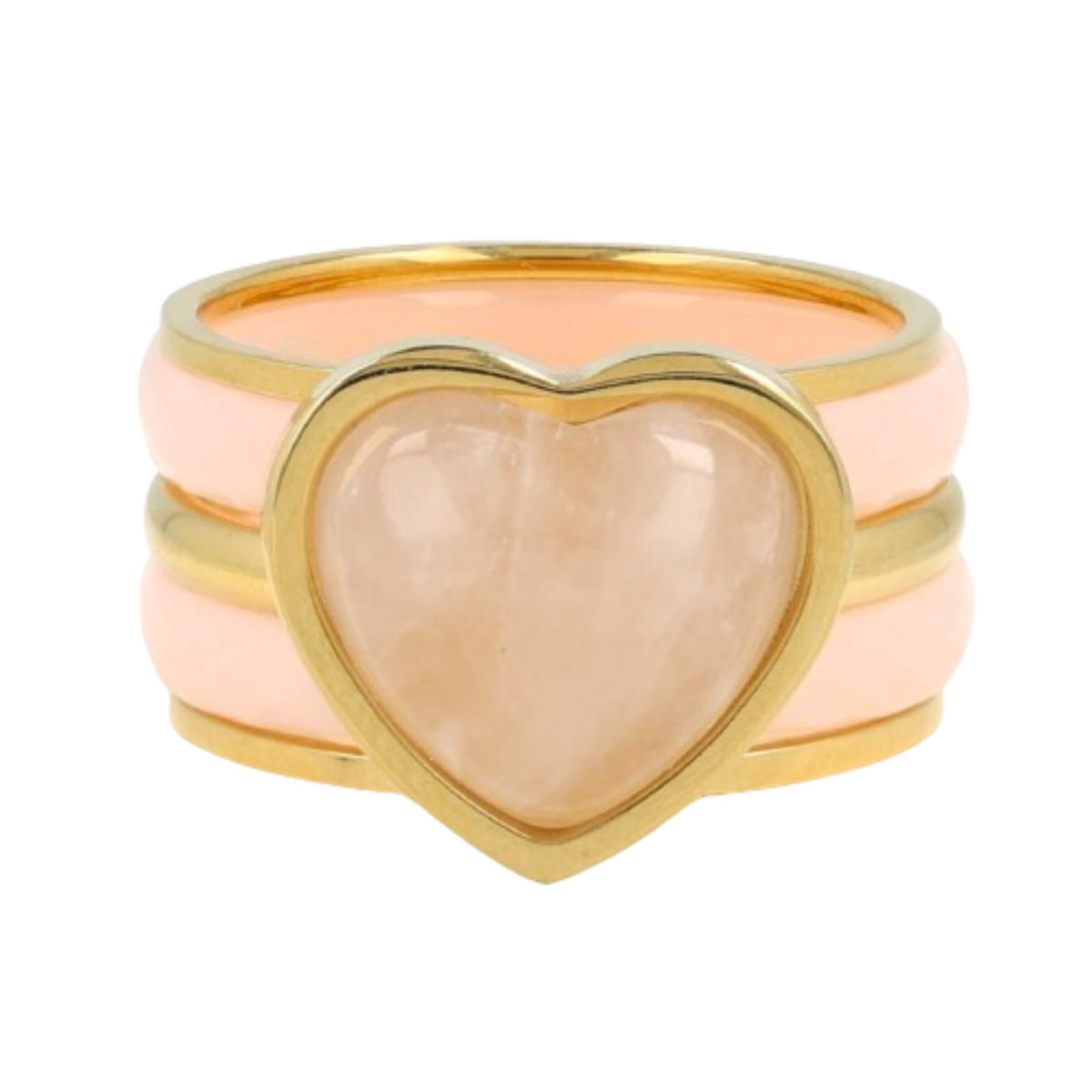 Gouden ringenset met Rose Quartz hart, 5 ringen: 2 roze keramiek, 2 aanschuifringen. 1 jaar garantie.
