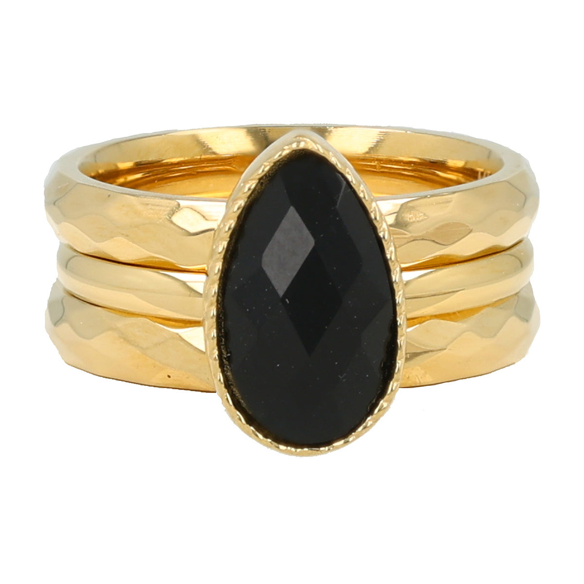 Gouden ringenset met facet geslepen ringen en zwarte glassteen. Stijlvol en elegant. Inclusief 1 jaar garantie.