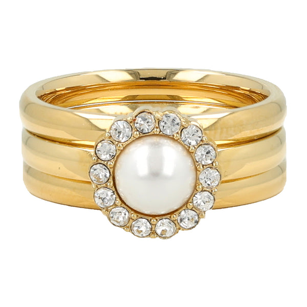 Gouden ringenset met witte parel en zirkonia stenen. Inclusief 2 gladde aanschuifringen. 1 jaar garantie.