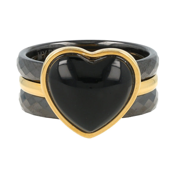 Gouden ringenset met Onyx hart: wijsheid & logica. 2 zwarte keramiek ringen. 1 jaar garantie.