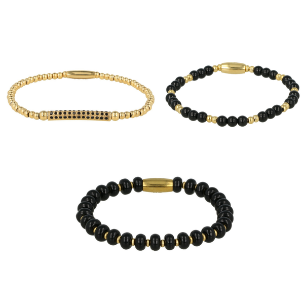 Onyx en Zirkonia Armbanden Set - Goud 3-delig