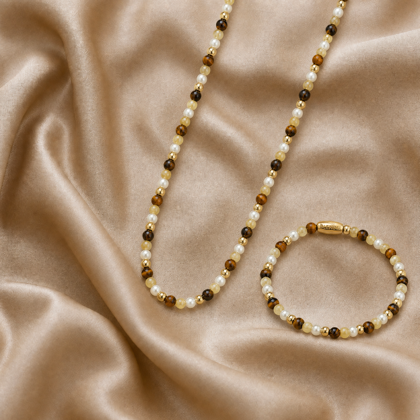 Schmuckset mit Tigerauge, Citrin und Perlen