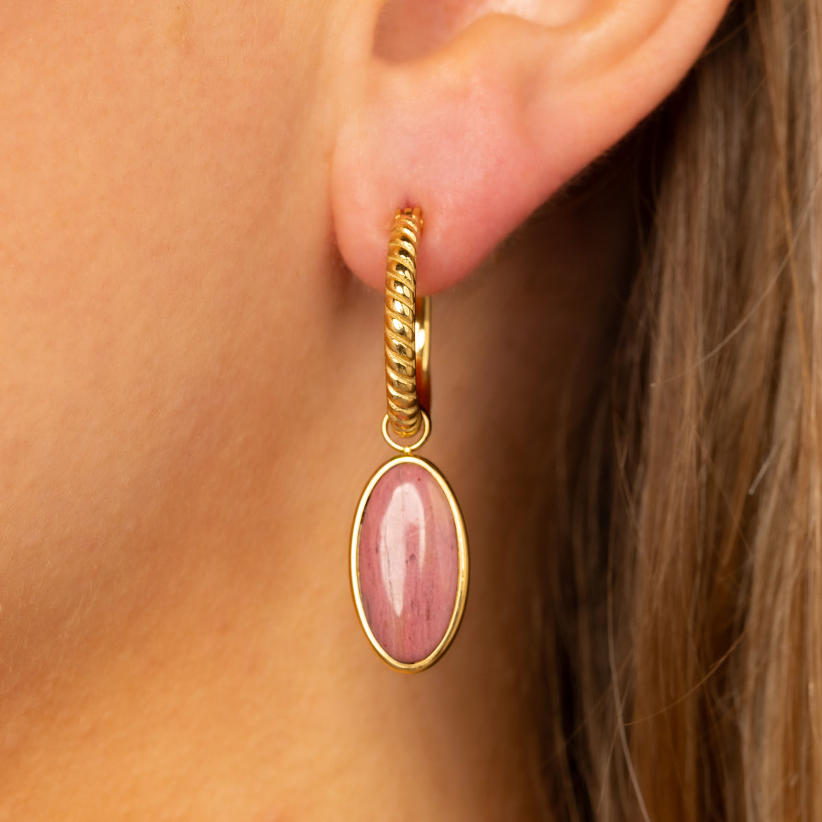 Ridged Hoop Earrings with Oval Gemstone • Rhodonite