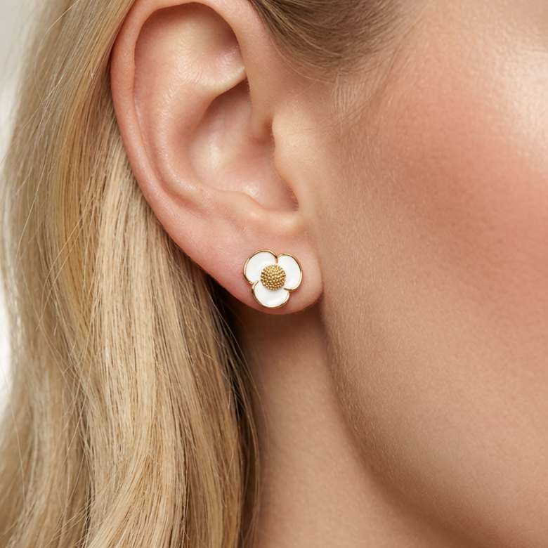 Radiant Golden Ear Stud with White Epoxy Flower Detail