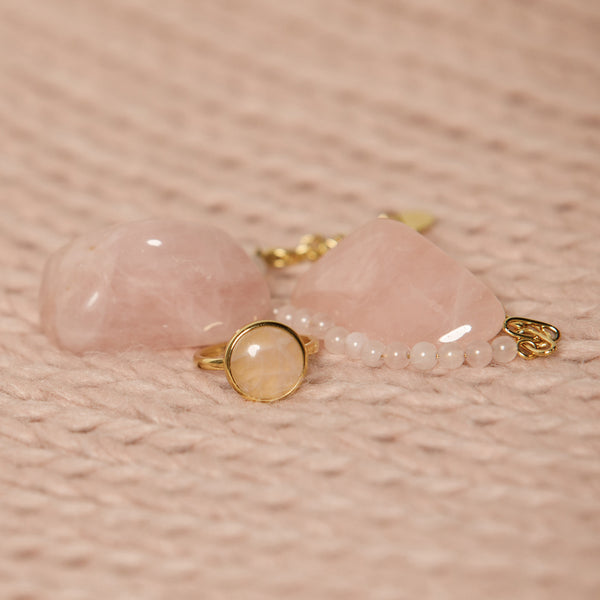 Gouden Schakelarmband met Roze Quartz Edelstenen
