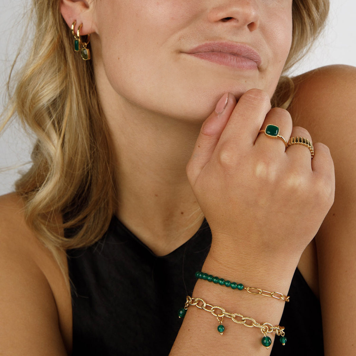 Gouden Schakelarmband met Moss Agate kralen
