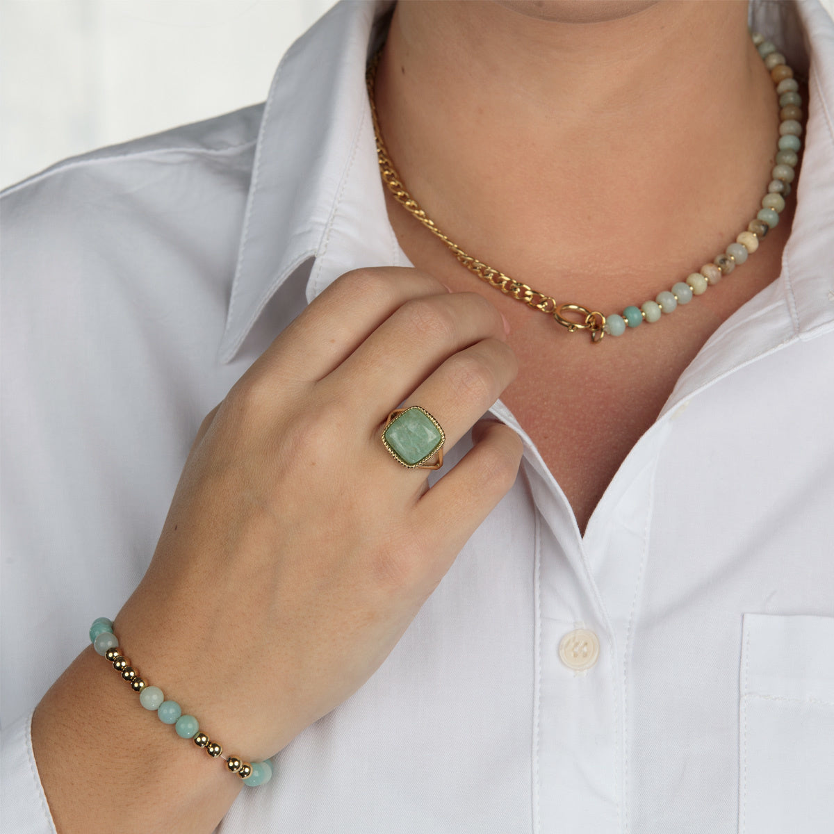 Gold signet ring - Amazonite gemstone - emotional balance