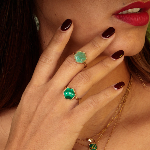 Gouden ring - zeshoek design - Malachite edelsteen