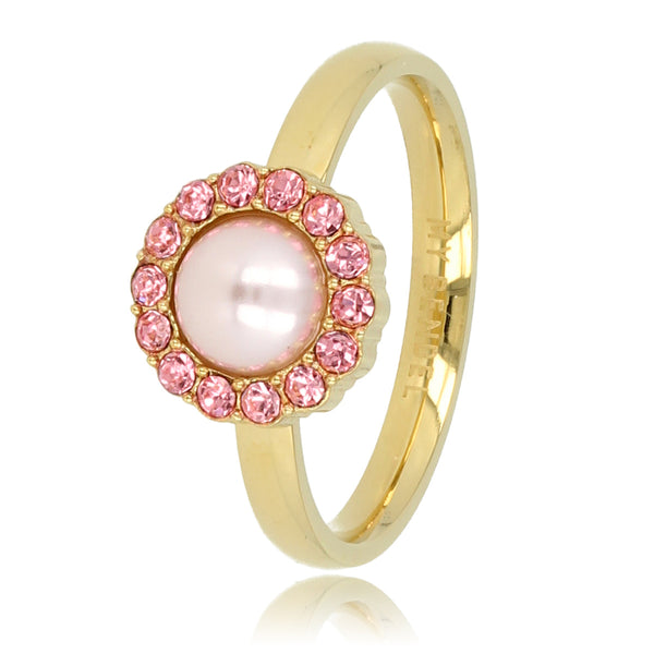 Gouden ring - roze parel - zirkonia steentjes