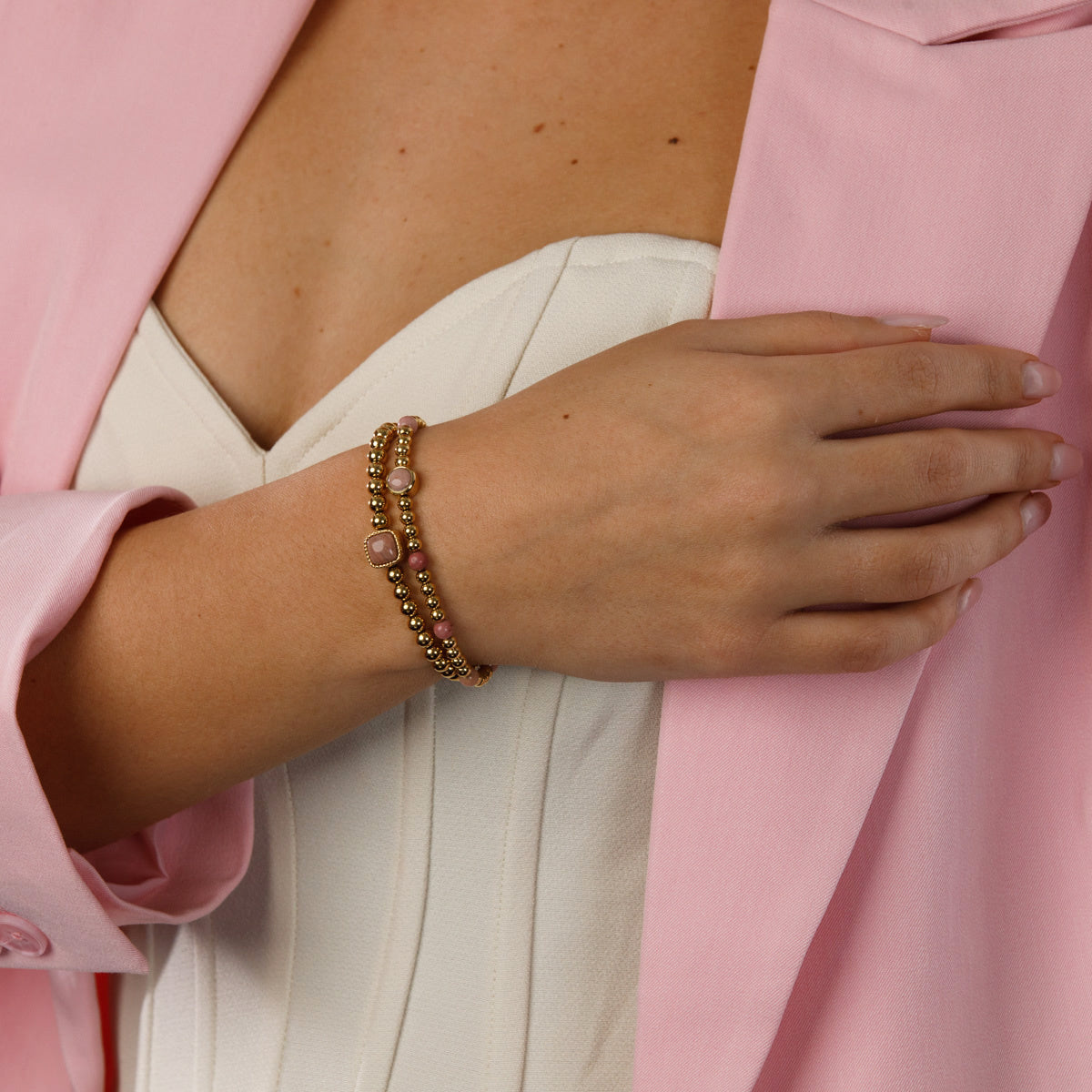 Gold Charm Bracelet with Rhodonite Gemstone
